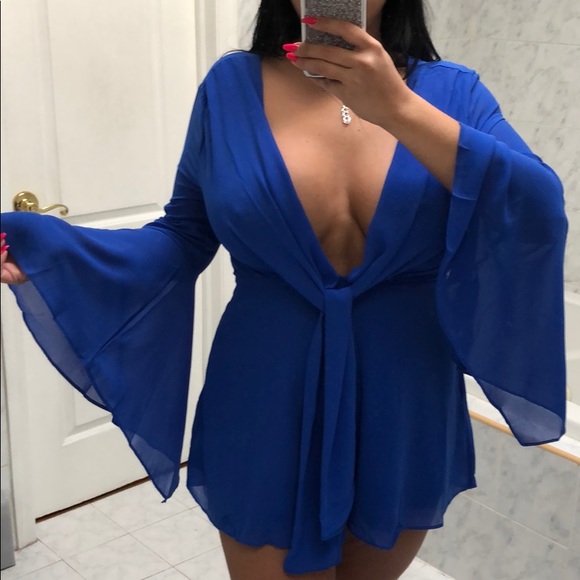 ROYAL BLUE BELL SLEEVE ROMPER - Picture 3 of 6